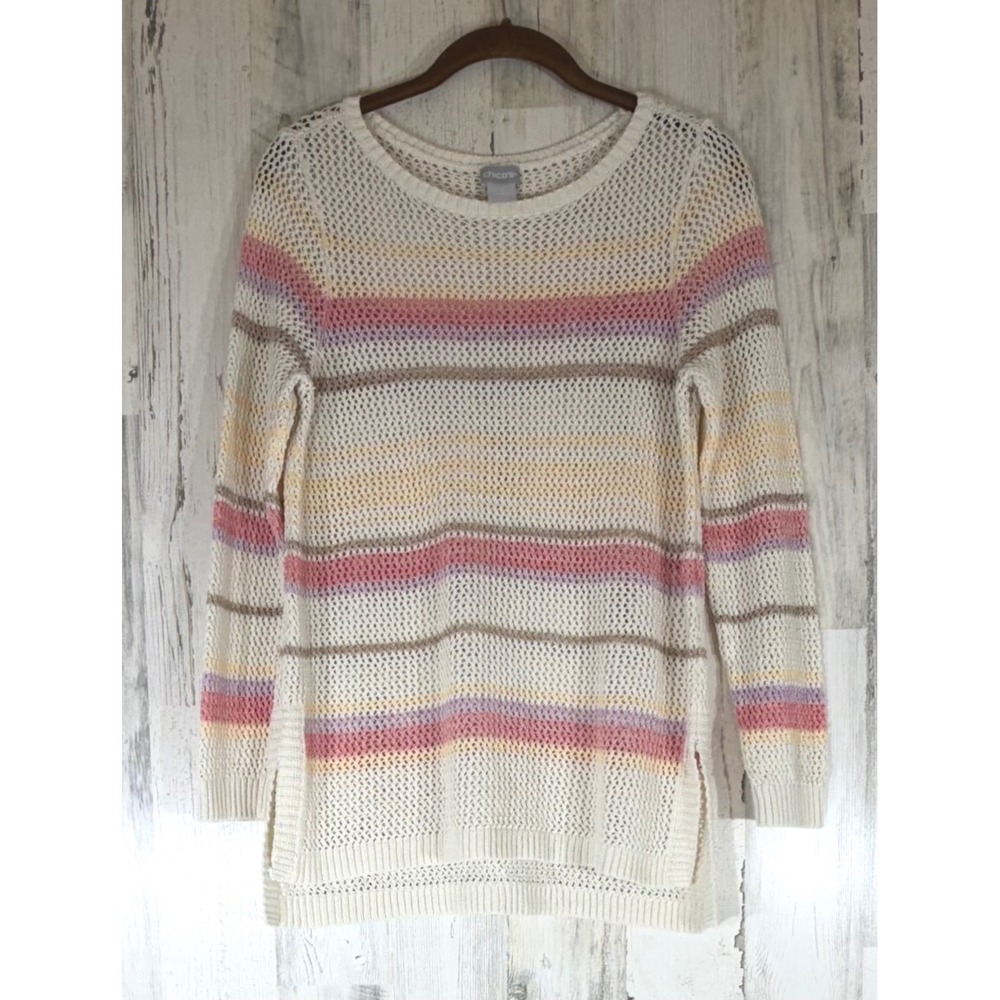 Chicos Open Knit Striped Sweater Size 1 Medium Ivory‎ Pink Pastel Boho Pullover